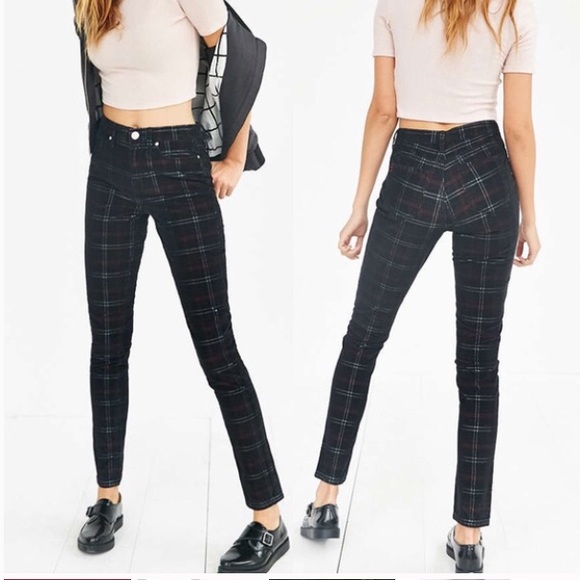 high waisted plaid skinny jeans